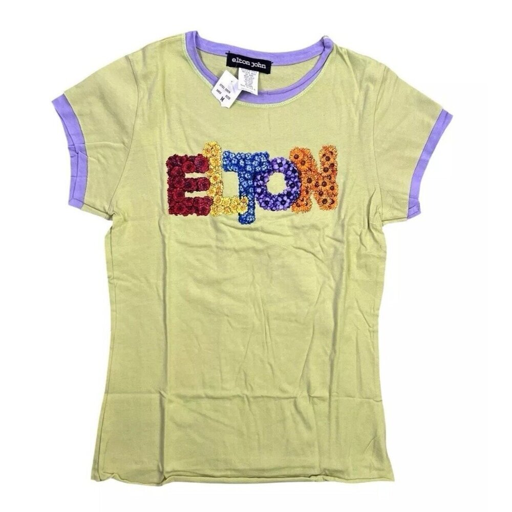 Vtg Elton John Shirt Sz Med Fits Small USA Floral Spell out Y2K 90s Babydoll Tee